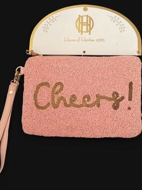 House of Harlow 1960 Pink Beaded 'Cheers!' Wristlet with Gold Script